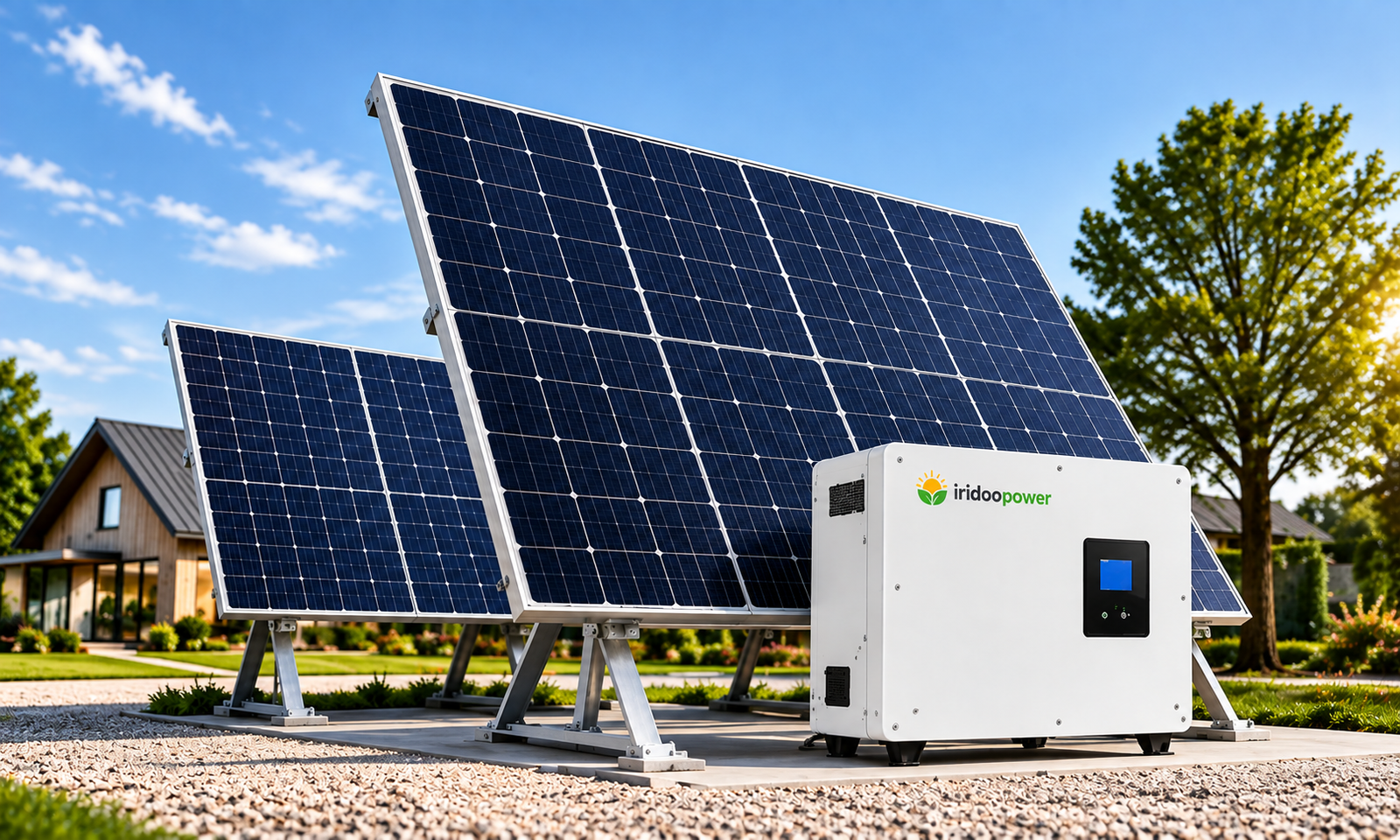 Ground-mounted solar panels with an Iridoo Power hybrid inverter